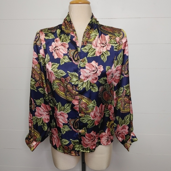 Vintage HER Floral Paisley Satin Blouse Size S - Picture 2 of 12